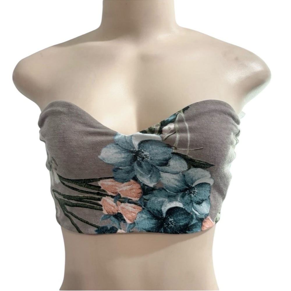 Floral Strapless Top Gray and Blue
